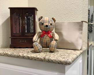 BURBERRY Fragrance plush teddy bear, Burberry makeup pouch, vintage jewelry box. 