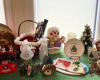 Sweet ceramic snowman cookie jar, Coca-Cola, stuff teddies, charming ceramic gingerbread house, and sweet trinket boxes. 