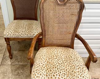 vintage Thomasville Walnut cane back dining room chair with cheetah chenille upholstery fabric. All chairs priced separately. 