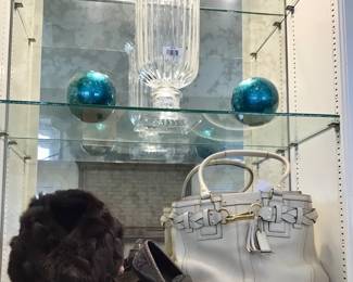 Coach handbag, Coach Loafers, rabbit fur scarf. 