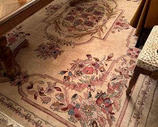 Handwoven wool Aubusson rug in rich colors of caramel, rust, sage, peach, and gold. A beauty! 