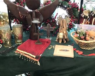 Wooden and metal Christmas angels.