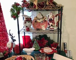 Velvet reindeer sleigh, Lennox Christmas Irish coffee mugs,  vintage Fitz and Floyd,  Santa figurines, Santa and Holly pitchers and plates, Ceramic Christmas tree music box,  Mud Pie serving dish, and other Christmas decor