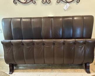From the Calla collection by Hickory furniture. Leather king size bed frame, headboard, footboard, side rails. High-grade leather, dark walnut finish, marvelous condition.