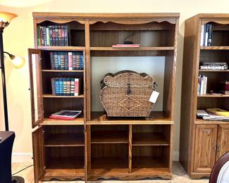Large rattan and wrought iron dome top hamper. Super versatile multipurpose cabinet. For TV or other large display items.  Display collectibles behind a small set of glass cabinet door with storage beneath. Plenty of useful open cabinets for organizing your living space.