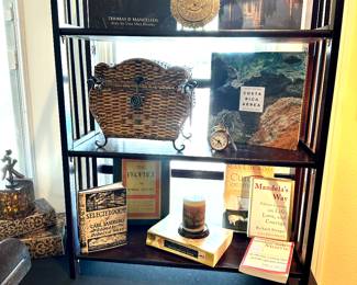 Collectible books including selected poems of Carl Sandberg, Tuesdays with Morrie, small rattan and wrought iron dome top chest, 1955–1994–40 year perpetual calendar brass, floral enameled.