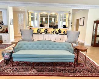 Elegant 19th century Hepplewhite sofa fully restored and beautifully upholstered.