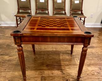 Vincent antique cherry finish multi game table from the masterpiece collection by Butler Specialty Company. Top has game board for chess and checkers, flip the inset over and it converts to a felt lined blackjack table. Remove the inset and the well beneath becomes a backgammon board.