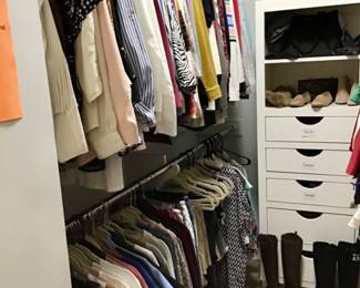 Ladies shoe sizes 6 to 6 1/2. 
Ladies clothing sized 0-Small-Petite Small. Johnny Was, Doncaster, Joseph Ribbkoff, Calvin Klein, Tadashi SHOJI, Talbots, Adriana Papell, Donna Morgan, Karl Lagerfield, AfterDark, PATRI, RIMINI, Karen Miller, Alex Marie, Carol Anderson, Peter Nygard, Chicos, MISSOK, BEREK, and much more. 