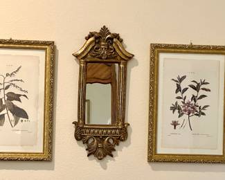 Lovely framed prints by botanical artist 
Pierre-Joseph Redoute. Vintage gold gilt Italian style mirror.