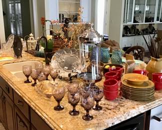 Shannon Crystal 2.5 gallon drink dispenser, pewter serving platter, Mikasa Savoir Faire Crystal oval cornucopia bowl, bubble glass.