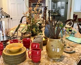 Homer Laughlin Emma jumbo mugs, Villa Cortona Yellow by ARTIMINO Ironstone plates. Ceramic decor.