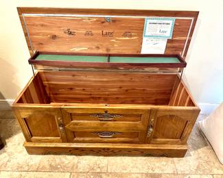 Lane furniture company 85th anniversary Oak Cedar lined Chest. Pristine interior, ideal for storing linens or cherished items. Original paperwork Included.