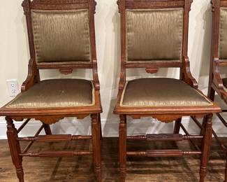 Antique Eastlake chairs upholstered and silk.