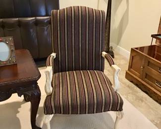 Queen and style chair upholstered in a rich, sophisticated corded velvet. A very elegant look. There are two of these chairs.