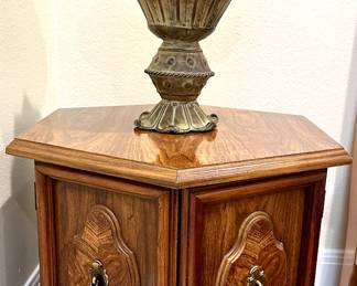 1970s octagonal drum table with brass poles.