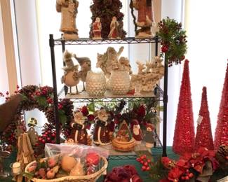 Old world style Santas. Frosty White Santa sleigh and chicks bundled up for Christmas. Car Danic Santas. Red tassels.  Christmas runners. Beaded fruit decor.