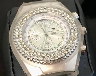 Techno Marine quartz watch. Water resistant. Japan movement, clear jelly band with rhinestones.