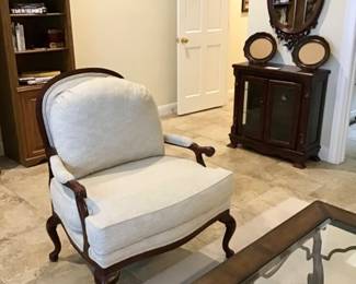 Classic Berger chair, beautifully upholstered in luxury designer fabric. Chippendale style. Mahogany frame with lattice back. 