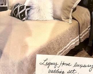 Legacy Home luxury king bedding set. Wheat and white linen bedspread with two large pillow shams and one smaller pillow sham.