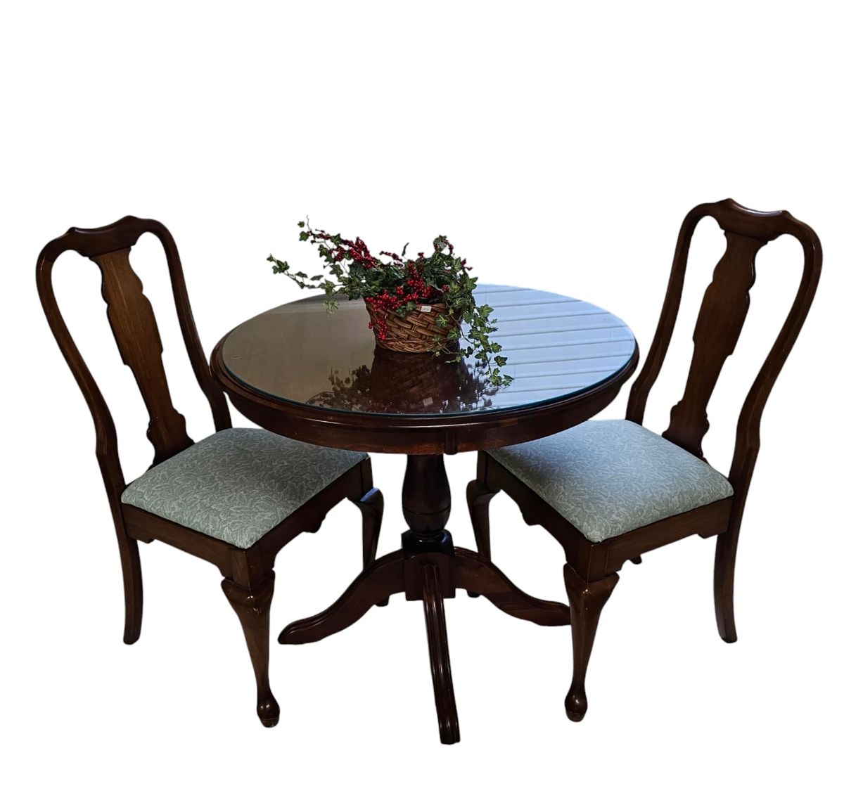 Cherry pedestal table with protective glass and two Queen Anne chairs