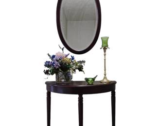 Demilune three legged table with matching oval mirror 