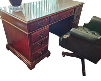 Vintage walnut executive desk with protective glass 