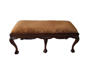 Lovely mahogany carved three legged bench with suede fabric uoholstery