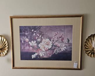 Vintage Brass candle sconces and framed art