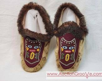 18 Native American, probably Northwest Coast, Beaded Moccasins. Appears to be fabric lined Seal Skin