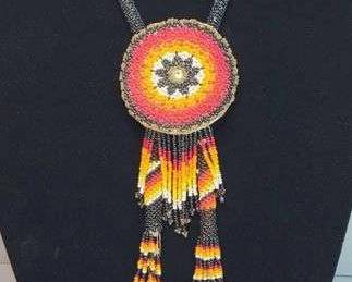 19 Native American Seed Bead Fringed Hand Stitched Leather Necklace Bolo