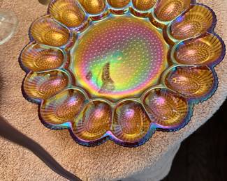 Vintage carnival glass develed egg dish