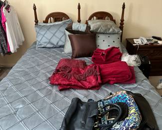 Mid-century Queen bedroom set, headboard, night stand, dresser with mirror and bureau.