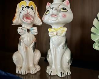 mid century ceramic cat & dog with bowtie