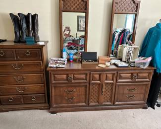 Mid-century Queen bedroom set, headboard, night stand, dresser with mirror and bureau.
