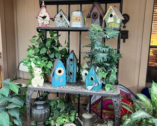 Bakers Rack and Bird Houses 