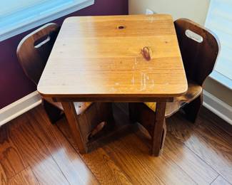 Child’s Hand Crafted Wood Table and Two Chairs