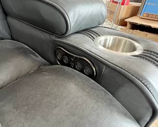 PRE-SALE AVAILABLE: $1,000 (Excellent Condition!) Gray Leather Power Reclining Sofa w/Drop Down Table, Charging Station, Storage Pocket  and LED Lights, Cup Holders in Each Arm, Hidden Storage, and Power Adjustable Headrest