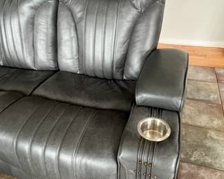 PRE-SALE AVAILABLE: $1,000 (Excellent Condition!) Gray Leather Power Reclining Sofa w/Drop Down Table, Charging Station, Storage Pocket  and LED Lights, Cup Holders in Each Arm, Hidden Storage, and Power Adjustable Headrest