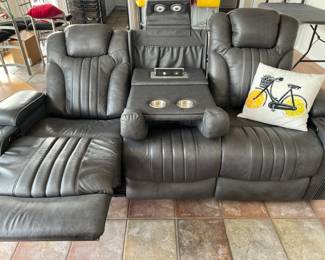 PRE-SALE AVAILABLE: $1,000 (Excellent Condition!) Gray Leather Power Reclining Sofa w/Drop Down Table, Charging Station, Storage Pocket  and LED Lights, Cup Holders in Each Arm, Hidden Storage, and Power Adjustable Headrest