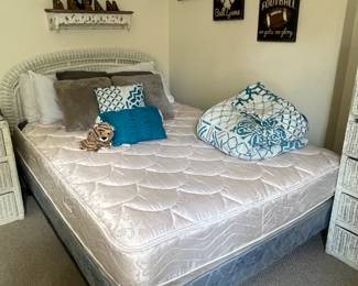 Queen size mattress and box, wicker headboard
