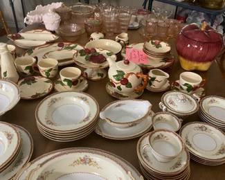 One of the China sets with more pieces not shown.  cobalt dishes, Depression glass. Uranium glass.