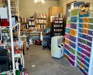 Office supplies, filing cabinets, cds, DVDs, vhs. Electronics.