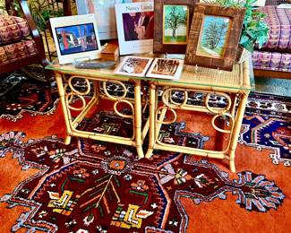 LOVE THIS FANTASTIC WOOL RUG, MIXED WITH VINTAGE RATTAN FURNITURE AND ART!