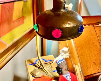 BRUTALIST HAMMERED COPPER SLAG GLASS LAMP.