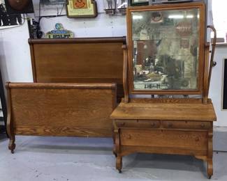 Antique Tiger Oak Bed & Dresser