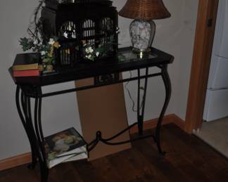 Metal and glass sofa table, bird cage and lamp with shells