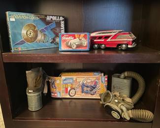 Evel Knievel Chopper,  Vintage gas masks, Schuco Studio Toy Mercedes,  Apollo Space Linkup Toy Kit
