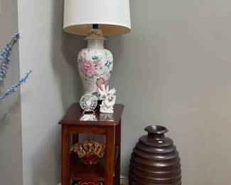 Vintage ginger jar lamp, Samson wood side table,   Z-Galleries wooden vase, bird figurine
