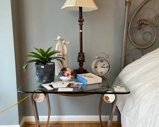Lladro Nuns 4611 Figure, Metal and glass side table,  Aynsley bone china flowers